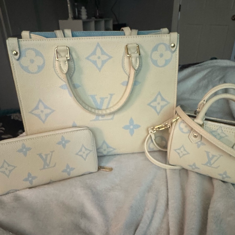 Cream and Blue Monogram Tote Bag 3pc set